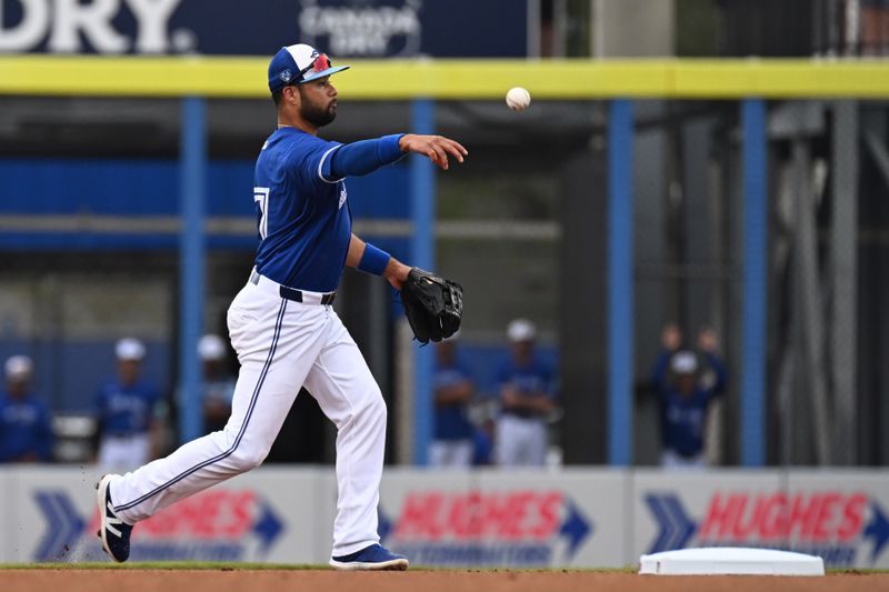 Mar 22, 2024; Dunedin, Florida, USA; Toronto Blue Jays shortstop Isiah Kiner-Falefa (7) throw to first base in the first inning of the spring training game against the Boston Red Sox at TD Ballpark. Mandatory Credit: Jonathan Dyer-USA TODAY Sports