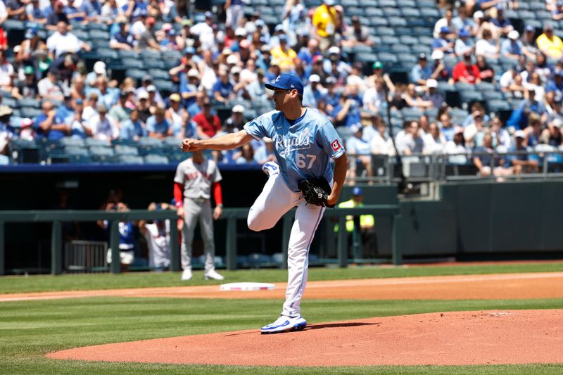 May 11, 2025; Kansas City, Missouri, USA; Kansas City Royals pitcher Seth Lugo (67) pitches in the first inning against the Boston Red Sox at Kauffman Stadium. Mandatory Credit: Gary Rohman-Imagn Images