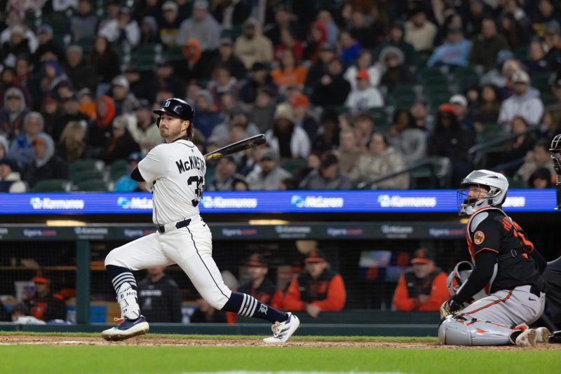 Apr 26, 2025; Detroit, Michigan, USA; Detroit Tigers outfielder Zach McKinstry (39) doubles to left field and drives in two runs in the seventh inning during game two of a double header against the Baltimore Orioles at Comerica Park. Mandatory Credit: David Reginek-Imagn Images