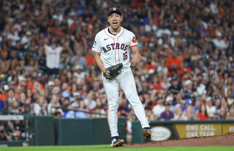 Aug 31, 2024; Houston, Texas, USA; Houston Astros starting pitcher Yusei Kikuchi (16) reacts after a play during the sixth inning against the Kansas City Royals at Minute Maid Park. Mandatory Credit: Troy Taormina-USA TODAY Sports