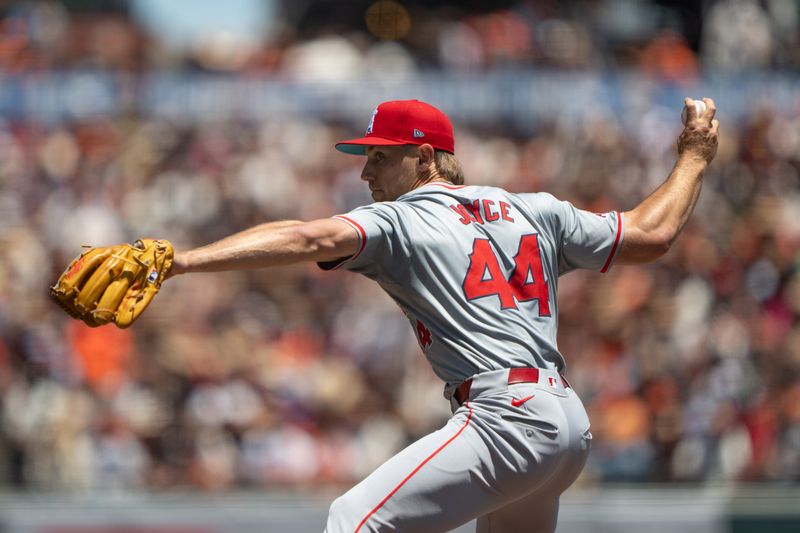 Jun 16, 2024; San Francisco, California, USA;  Los Angeles Angels pitcher Ben Joyce (44) pitches during the first inning against the San Francisco Giants at Oracle Park. Mandatory Credit: Stan Szeto-USA TODAY Sports