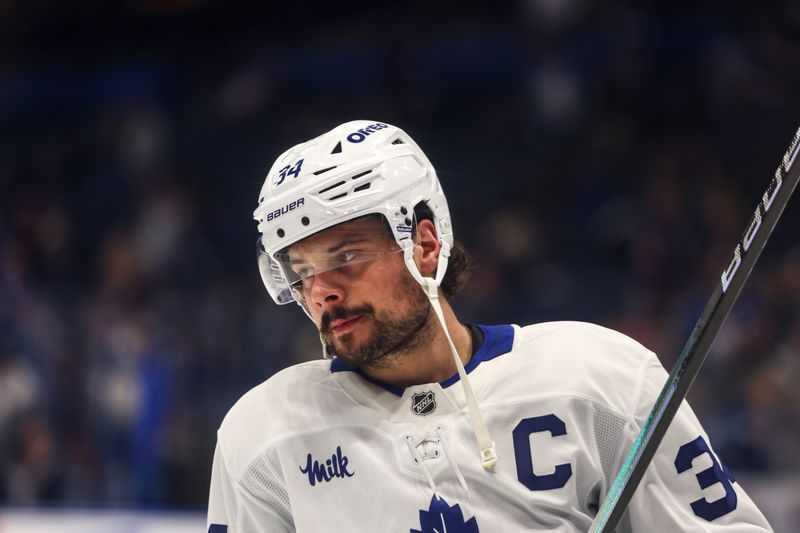 Feb 25, 2026; Tampa, Florida, USA; Toronto Maple Leafs forward Auston Matthews (34) during warm ups before the game against the Tampa Bay Lightning at Benchmark International Arena. Mandatory Credit: Morgan Tencza-Imagn Images