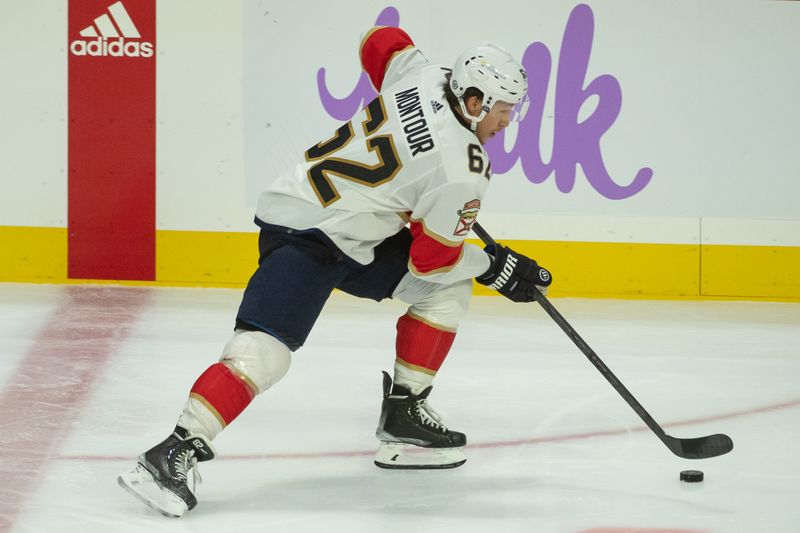 Nov 27 2023; Ottawa, Ontario, CAN; Florida Panthers defenseman Brandon Montour (62) skates with the puck in the third period against the Ottawa Senators at the Canadian Tire Centre. Mandatory Credit: Marc DesRosiers-USA TODAY Sports