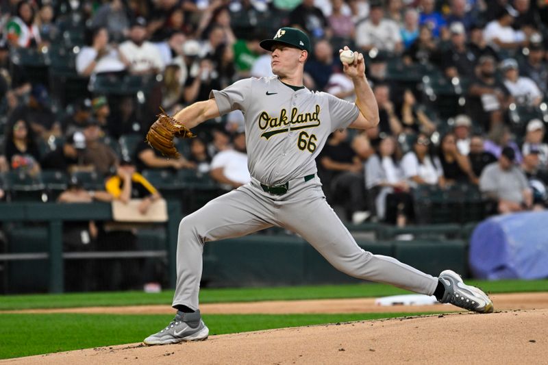 Sep 13, 2024; Chicago, Illinois, USA;  Oakland Athletics pitcher Brady Basso (66) delivers against the Chicago White Sox during the first inning at Guaranteed Rate Field. Mandatory Credit: Matt Marton-Imagn Images