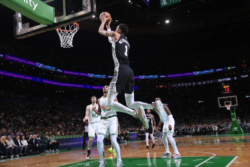 BOSTON, MA - JANUARY 17: Victor Wembanyama #1 of the San Antonio Spurs drives to the basket during the game against the Boston Celtics on January 17, 2024 at the TD Garden in Boston, Massachusetts. NOTE TO USER: User expressly acknowledges and agrees that, by downloading and or using this photograph, User is consenting to the terms and conditions of the Getty Images License Agreement. Mandatory Copyright Notice: Copyright 2024 NBAE  (Photo by Brian Babineau/NBAE via Getty Images)