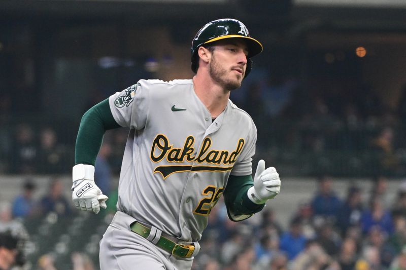 Jun 11, 2023; Milwaukee, Wisconsin, USA; Oakland Athletes designated hitter Brent Rooker (25) runs the bases after hitting a solo home run against the Milwaukee Brewers in the fourth inning at American Family Field. Mandatory Credit: Benny Sieu-USA TODAY Sports