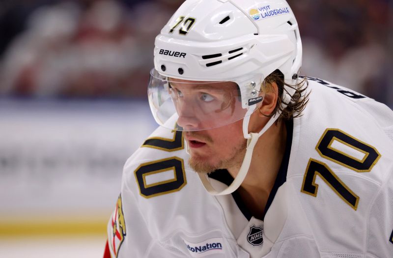 Oct 12, 2024; Buffalo, New York, USA;  Florida Panthers center Jesper Boqvist (70) waits for the face-off during the third period against the Buffalo Sabres at KeyBank Center. Mandatory Credit: Timothy T. Ludwig-Imagn Images