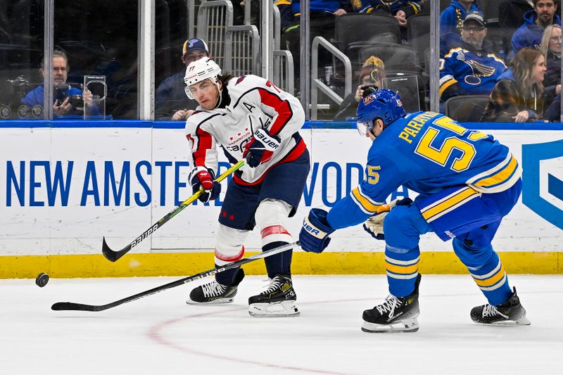 Jan 20, 2024; St. Louis, Missouri, USA;  Washington Capitals right wing T.J. Oshie (77) shoots as St. Louis Blues defenseman Colton Parayko (55) defends during the first period at Enterprise Center. Mandatory Credit: Jeff Curry-USA TODAY Sports