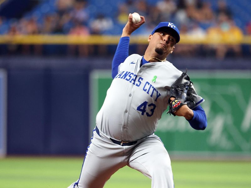 May 24, 2024; St. Petersburg, Florida, USA;  Kansas City Royals pitcher Carlos Hernandez (43) throws a pitch during the ninth inning against the Tampa Bay Rays at Tropicana Field. Mandatory Credit: Kim Klement Neitzel-USA TODAY Sports