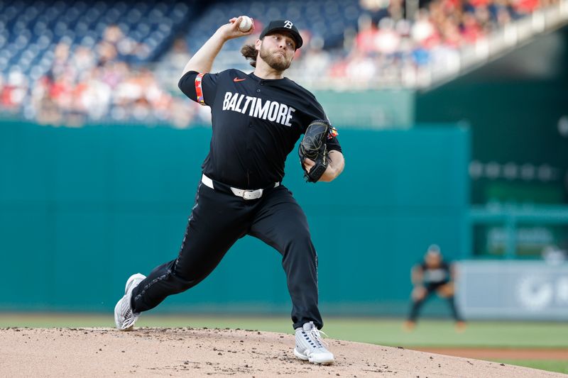 May 7, 2024; Washington, District of Columbia, USA; Baltimore Orioles starting pitcher Corbin Burnes (39) pitches against the Washington Nationals during the first inning at Nationals Park. Mandatory Credit: Geoff Burke-USA TODAY Sports