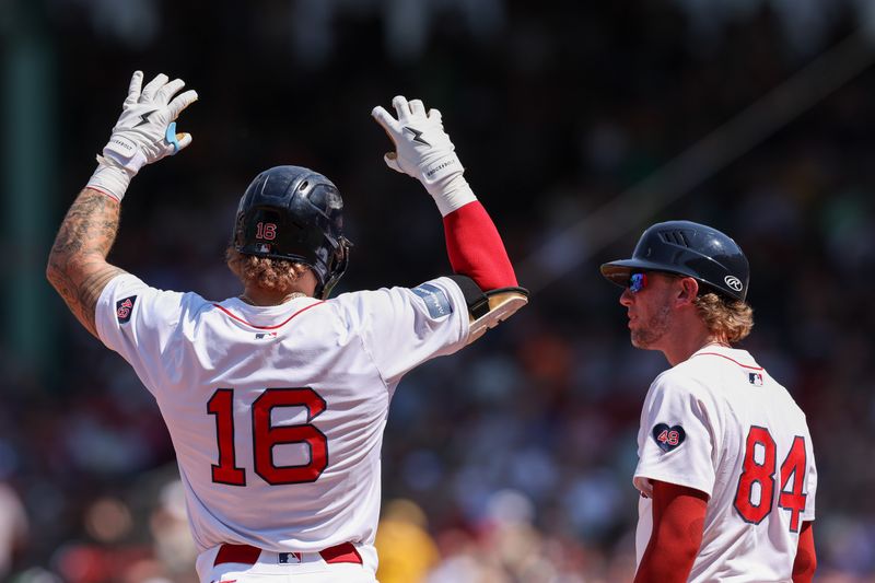 Jun 5, 2024; Boston, Massachusetts, USA; Boston Red Sox left fielder Jarren Duran (16) celebrates after hitting at triple during the fifth inning against the Atlanta Braves at Fenway Park. Mandatory Credit: Paul Rutherford-USA TODAY Sports