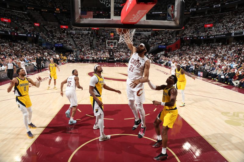 CLEVELAND, OH - MAY 6: Jarrett Allen #31 of the Cleveland Cavaliers dunks the ball during the game against the Indiana Pacers during Round 2 Game 2 of the 2025 NBA Playoffs on May 6, 2025 at Rocket Arena in Cleveland, Ohio. NOTE TO USER: User expressly acknowledges and agrees that, by downloading and/or using this Photograph, user is consenting to the terms and conditions of the Getty Images License Agreement. Mandatory Copyright Notice: Copyright 2025 NBAE (Photo by Joe Murphy/NBAE via Getty Images)