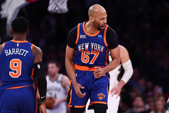 NEW YORK, NEW YORK - DECEMBER 23: Taj Gibson #67 of the New York Knicks reacts during the fourth quarter of the game against the Milwaukee Bucks at Madison Square Garden on December 23, 2023 in New York City. NOTE TO USER: User expressly acknowledges and agrees that, by downloading and or using this photograph, User is consenting to the terms and conditions of the Getty Images License Agreement. (Photo by Dustin Satloff/Getty Images)