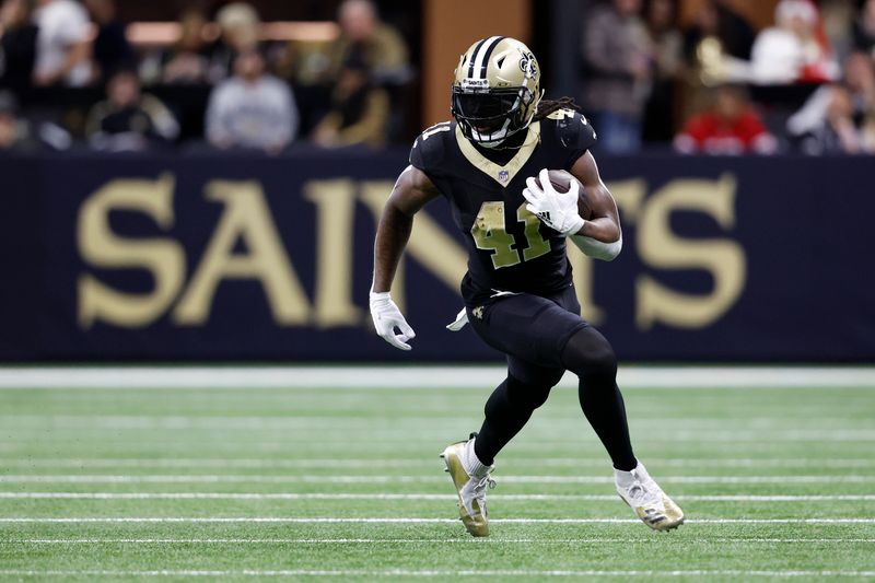 New Orleans Saints running back Alvin Kamara (41) during an NFL football game against the New York Giants, Sunday, Dec. 17, 2023, in New Orleans. (AP Photo/Tyler Kaufman)