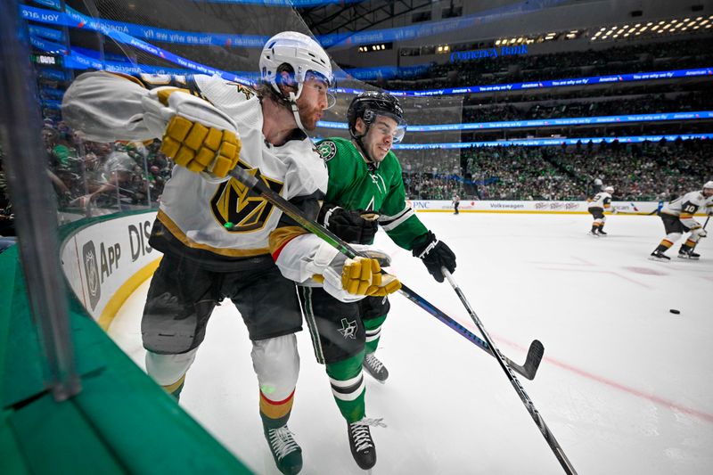 May 1, 2024; Dallas, Texas, USA; Dallas Stars center Logan Stankoven (11) checks Vegas Golden Knights defenseman Noah Hanifin (15) during the second period in game five of the first round of the 2024 Stanley Cup Playoffs at the American Airlines Center. Mandatory Credit: Jerome Miron-USA TODAY Sports