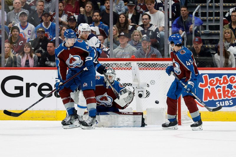 Apr 26, 2024; Denver, Colorado, USA; The puck gets past Colorado Avalanche goaltender Alexandar Georgiev (40) as Winnipeg Jets center Gabriel Vilardi (13) screens behind defenseman Josh Manson (42) as defenseman Samuel Girard (49) defends in the second period in game three of the first round of the 2024 Stanley Cup Playoffs at Ball Arena. Mandatory Credit: Isaiah J. Downing-USA TODAY Sports