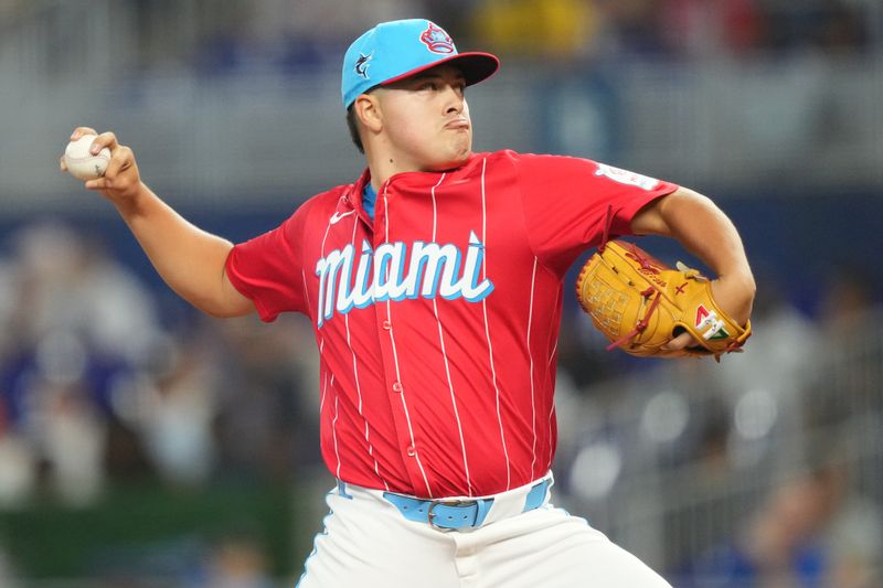 Aug 24, 2024; Miami, Florida, USA;  Miami Marlins starting pitcher Valente Bellozo (83) pitches against the Chicago Cubs in the first inning at loanDepot Park. Mandatory Credit: Jim Rassol-USA TODAY Sports