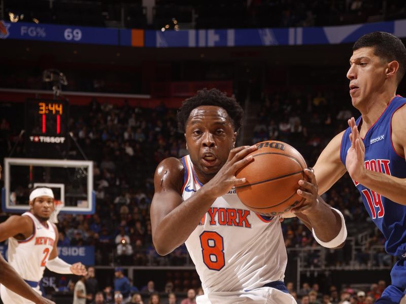 DETROIT, MI - NOVEMBER 1: OG Anunoby #8 of the New York Knicks handles the ball during the game against the Detroit Pistons on November 1, 2024 at Little Caesars Arena in Detroit, Michigan. NOTE TO USER: User expressly acknowledges and agrees that, by downloading and/or using this photograph, User is consenting to the terms and conditions of the Getty Images License Agreement. Mandatory Copyright Notice: Copyright 2024 NBAE (Photo by Brian Sevald/NBAE via Getty Images)