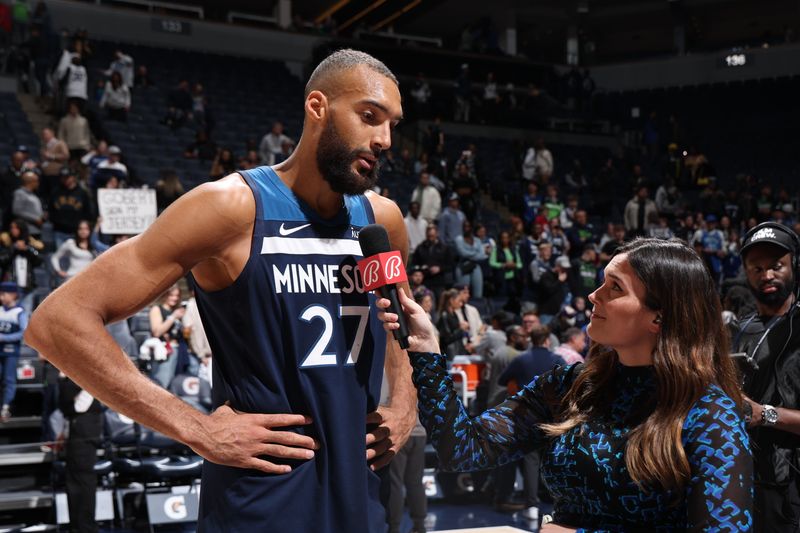 MINNEAPOLIS, MN -  MARCH 4: Rudy Gobert #27 of the Minnesota Timberwolves talks to the media after the game against the Portland Trail Blazers on March 4, 2024 at Target Center in Minneapolis, Minnesota. NOTE TO USER: User expressly acknowledges and agrees that, by downloading and or using this Photograph, user is consenting to the terms and conditions of the Getty Images License Agreement. Mandatory Copyright Notice: Copyright 2024 NBAE (Photo by David Sherman/NBAE via Getty Images)