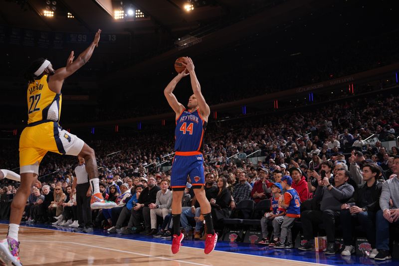 NEW YORK, NY - FEBRUARY 10: Bojan Bogdanovic #44 of the New York Knicks shoots the ball during the game against the Indiana Pacers on February 10, 2024 at Madison Square Garden in New York City, New York.  NOTE TO USER: User expressly acknowledges and agrees that, by downloading and or using this photograph, User is consenting to the terms and conditions of the Getty Images License Agreement. Mandatory Copyright Notice: Copyright 2024 NBAE  (Photo by Jesse D. Garrabrant/NBAE via Getty Images)