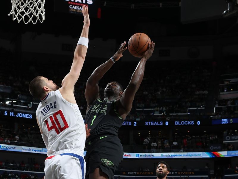 NEW ORLEANS, LA - MARCH 15: Zion Williamson #1 of the New Orleans Pelicans drives to the basket during the game against the LA Clippers on March 15, 2024 at the Smoothie King Center in New Orleans, Louisiana. NOTE TO USER: User expressly acknowledges and agrees that, by downloading and or using this Photograph, user is consenting to the terms and conditions of the Getty Images License Agreement. Mandatory Copyright Notice: Copyright 2024 NBAE (Photo by Layne Murdoch Jr./NBAE via Getty Images)