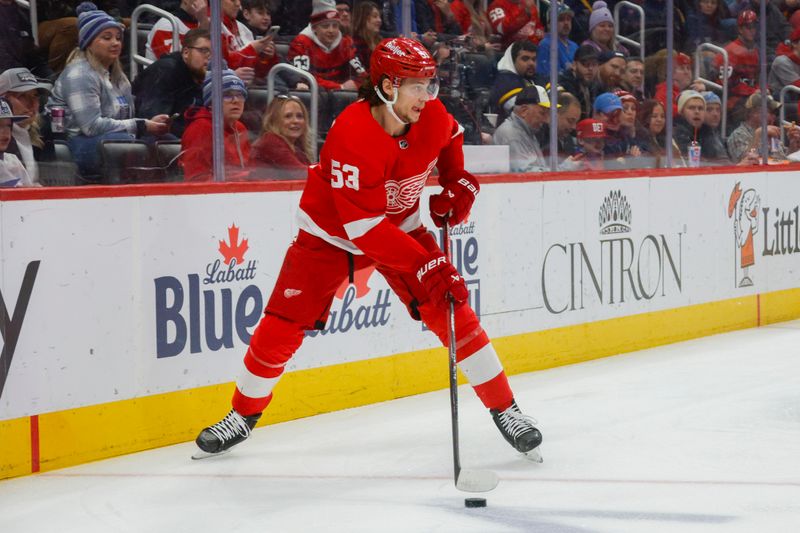 Jan 21, 2024; Detroit, Michigan, USA; Detroit Red Wings defenseman Moritz Seider (53) handles the puck during the first period at Little Caesars Arena. Mandatory Credit: Brian Bradshaw Sevald-USA TODAY Sports