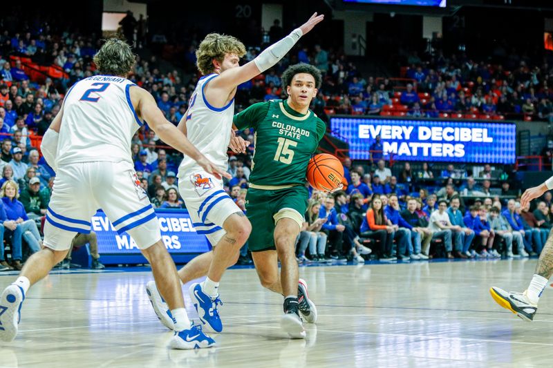 Jan 9, 2024; Boise, Idaho, USA; Colorado State Rams guard Jalen Lake (15) drives the ball against the Boise State Broncos during the first half at ExtraMile Arena. Mandatory Credit: Brian Losness-USA TODAY Sports