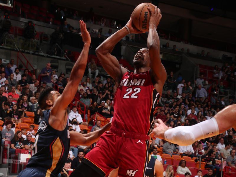 MIAMI, FL - JANUARY 22: Jimmy Butler #22 of the Miami Heat drives to the basket during the game against the New Orleans Pelicans on January 22, 2023 at Miami-Dade Arena in Miami, Florida. NOTE TO USER: User expressly acknowledges and agrees that, by downloading and or using this Photograph, user is consenting to the terms and conditions of the Getty Images License Agreement. Mandatory Copyright Notice: Copyright 2023 NBAE (Photo by Issac Baldizon/NBAE via Getty Images).