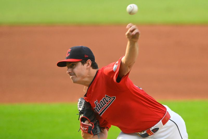 Aug 5, 2024; Cleveland, Ohio, USA; Cleveland Guardians starting pitcher Logan Allen (41) delivers a pitch in the first inning against the Arizona Diamondbacks at Progressive Field. Mandatory Credit: David Richard-USA TODAY Sports