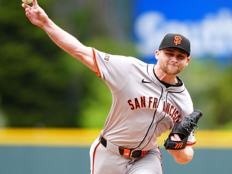 May 9, 2024; Denver, Colorado, USA; San Francisco Giants starting pitcher Keaton Winn (67) delivers a pitch in the first inning against the Colorado Rockies gat Coors Field. Mandatory Credit: Ron Chenoy-USA TODAY Sports