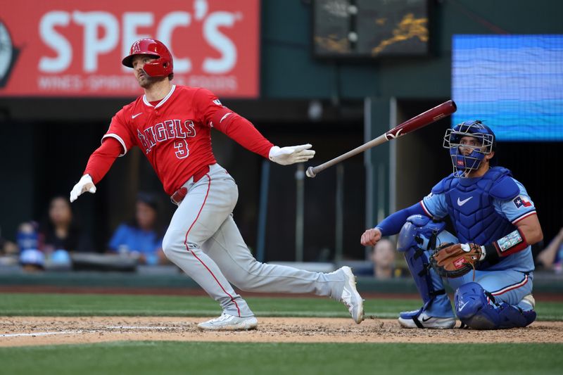 Sep 8, 2024; Arlington, Texas, USA; Los Angeles Angels left fielder Taylor Ward (3) hits a double against the Texas Rangers in the eighth inning  at Globe Life Field. Mandatory Credit: Tim Heitman-Imagn Images