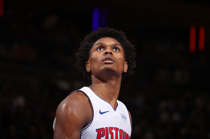 NEW YORK, NY - FEBRUARY 26: Ausar Thompson #9 of the Detroit Pistons looks on during the game against the New York Knicks on February 26, 2024 at Madison Square Garden in New York City, New York.  NOTE TO USER: User expressly acknowledges and agrees that, by downloading and or using this photograph, User is consenting to the terms and conditions of the Getty Images License Agreement. Mandatory Copyright Notice: Copyright 2024 NBAE  (Photo by Nathaniel S. Butler/NBAE via Getty Images)