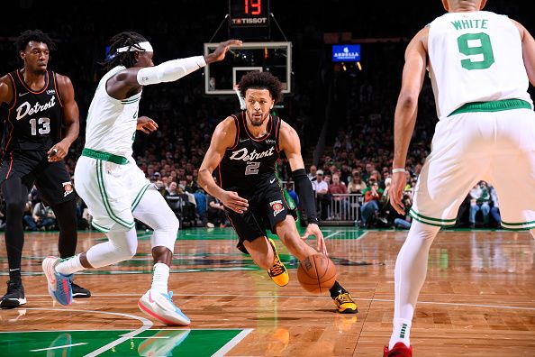 BOSTON, MA - DECEMBER 28: Cade Cunningham #2 of the Detroit Pistons drives to the basket during the game against the Boston Celtics on December 28, 2023 at the TD Garden in Boston, Massachusetts. NOTE TO USER: User expressly acknowledges and agrees that, by downloading and or using this photograph, User is consenting to the terms and conditions of the Getty Images License Agreement. Mandatory Copyright Notice: Copyright 2023 NBAE  (Photo by Brian Babineau/NBAE via Getty Images)