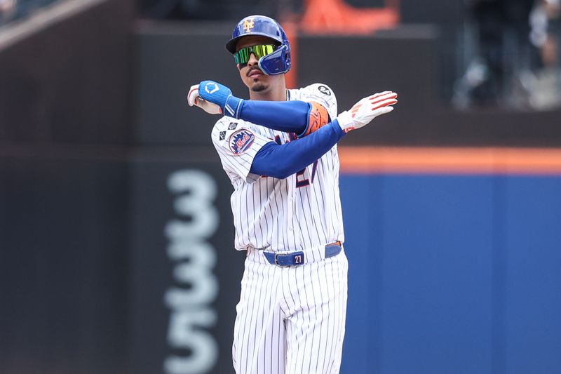 Jun 30, 2024; New York City, New York, USA;  New York Mets third baseman Mark Vientos (27) celebrates after hitting a two RBI double in the sixth inning against the Houston Astros at Citi Field. Mandatory Credit: Wendell Cruz-USA TODAY Sports