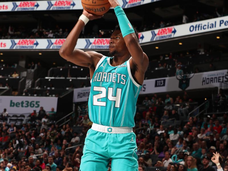 CHARLOTTE, NC - MARCH 31: Brandon Miller #24 of the Charlotte Hornets shoots a three point basket during the game against the LA Clippers on March 31, 2024 at Spectrum Center in Charlotte, North Carolina. NOTE TO USER: User expressly acknowledges and agrees that, by downloading and or using this photograph, User is consenting to the terms and conditions of the Getty Images License Agreement. Mandatory Copyright Notice: Copyright 2024 NBAE (Photo by Kent Smith/NBAE via Getty Images)