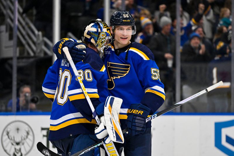 Dec 27, 2023; St. Louis, Missouri, USA;  St. Louis Blues defenseman Colton Parayko (55) celebrates with goaltender Joel Hofer (30) after the Blues defeated the Dallas Stars at Enterprise Center. Mandatory Credit: Jeff Curry-USA TODAY Sports