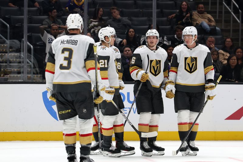 Oct 30, 2024; Los Angeles, California, USA; Vegas Golden Knights left wing Pavel Dorofeyev (16) celebrates with teammates after scoring a goal during the third period against the Los Angeles Kings at Crypto.com Arena. Mandatory Credit: Kiyoshi Mio-Imagn Images