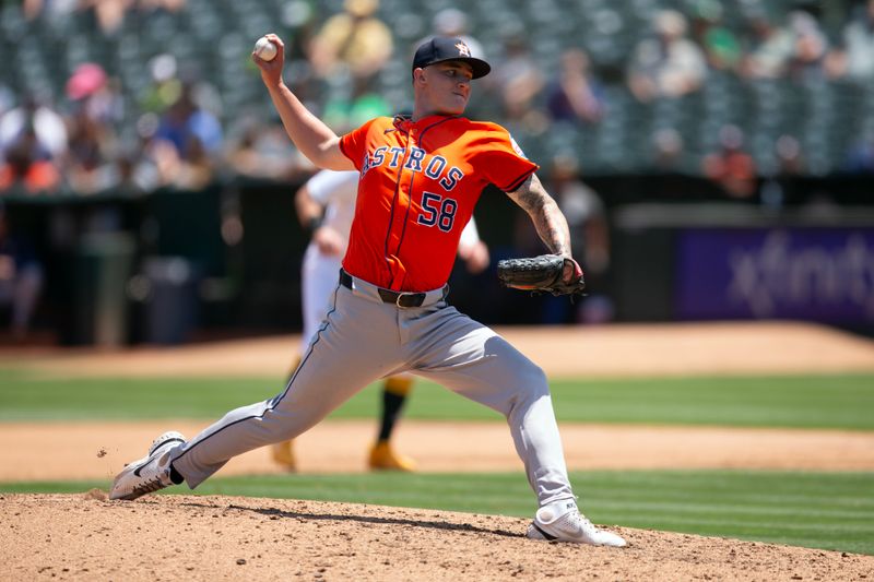 Jul 24, 2024; Oakland, California, USA; Houston Astros starting pitcher Hunter Brown (58) delivers against the Oakland Athletics during the fourth inning at Oakland-Alameda County Coliseum. Mandatory Credit: D. Ross Cameron-USA TODAY Sports