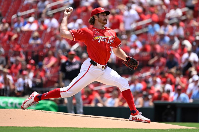 Jul 28, 2024; St. Louis, Missouri, USA; St. Louis Cardinals starting pitcher Miles Mikolas (39) throws against the Washington Nationals during the first inning at Busch Stadium. Mandatory Credit: Jeff Le-USA TODAY Sports