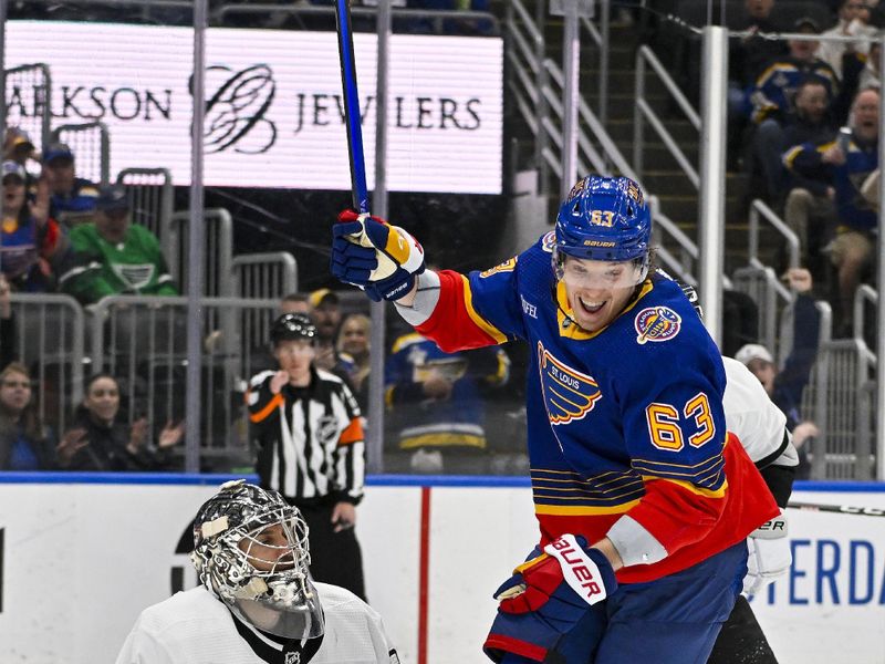 Mar 13, 2024; St. Louis, Missouri, USA;  St. Louis Blues left wing Jake Neighbours (63) reacts after scoring against Los Angeles Kings goaltender Cam Talbot (39) during the second period at Enterprise Center. Mandatory Credit: Jeff Curry-USA TODAY Sports