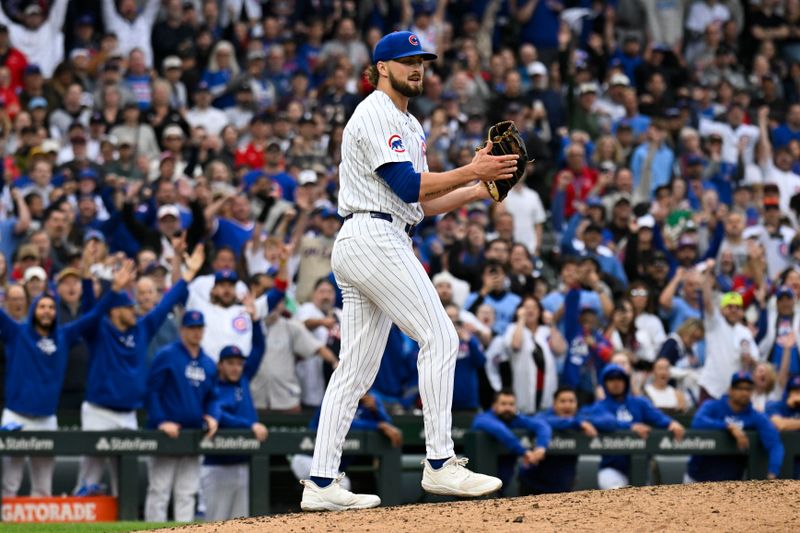 Sep 28, 2024; Chicago, Illinois, USA;  Chicago Cubs pitcher Porter Hodge (37) reacts after a game against the Cincinnati Reds at Wrigley Field. Mandatory Credit: Matt Marton-Imagn Images