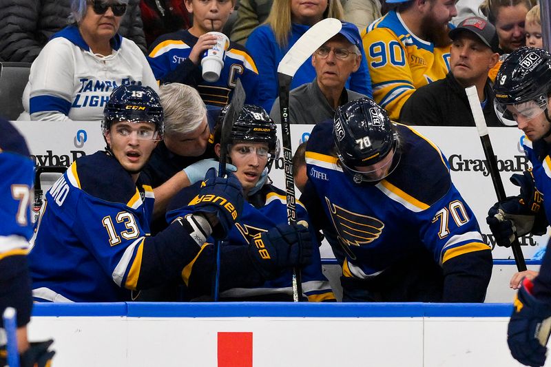 Nov 5, 2024; St. Louis, Missouri, USA;  St. Louis Blues center Dylan Holloway (81) is checked on by a trainer after he came off the ice from a shift against the Tampa Bay Lightning during the first period at Enterprise Center. Dylan Holloway was removed from the bench on a stretcher. Mandatory Credit: Jeff Curry-Imagn Images