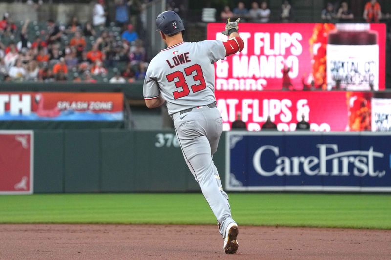 May 16, 2025; Baltimore, Maryland, USA; Washington Nationals first baseman Nathaniel Lowe (33) rounds the bases following his solo home run in the second inning against the Baltimore Orioles at Oriole Park at Camden Yards. Mandatory Credit: Mitch Stringer-Imagn Images
