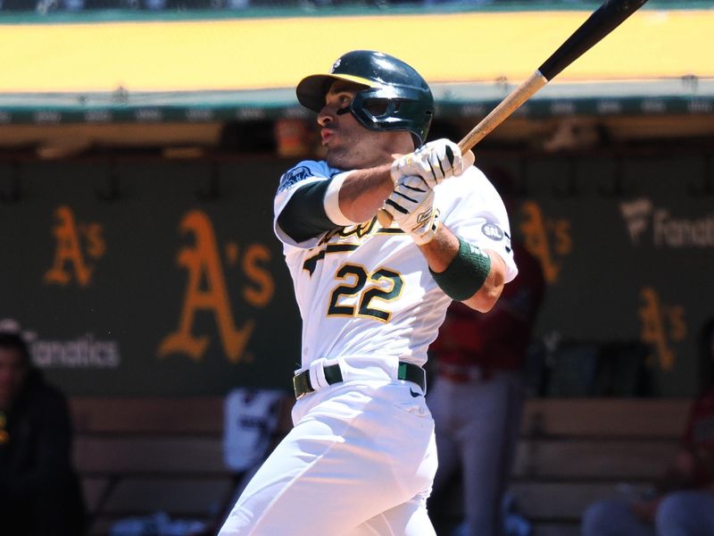 May 17, 2023; Oakland, California, USA; Oakland Athletics right fielder Ramon Laureano (22) hits a three-run home run against the Arizona Diamondbacks during the seventh inning at Oakland-Alameda County Coliseum. Mandatory Credit: Kelley L Cox-USA TODAY Sports