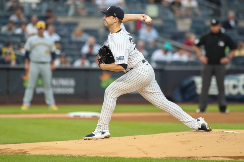 Sep 9, 2023; Bronx, New York, USA; New York Yankees relief pitcher Michael King (34) pitches in the first inning against the Milwaukee Brewers at Yankee Stadium. Mandatory Credit: Wendell Cruz-USA TODAY Sports