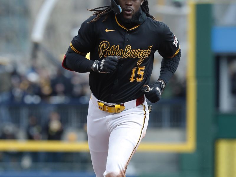 Apr 5, 2024; Pittsburgh, Pennsylvania, USA;  Pittsburgh Pirates shortstop Oneil Cruz (15) runs the bases after hitting a solo home run against the Baltimore Orioles during the fifth inning at PNC Park. Mandatory Credit: Charles LeClaire-USA TODAY Sports