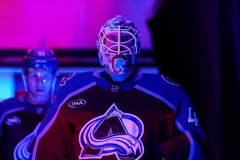 Dec 2, 2025; Denver, Colorado, USA; Colorado Avalanche goaltender Scott Wedgewood (41) before the game against the Vancouver Canucks at Ball Arena. Mandatory Credit: Ron Chenoy-Imagn Images