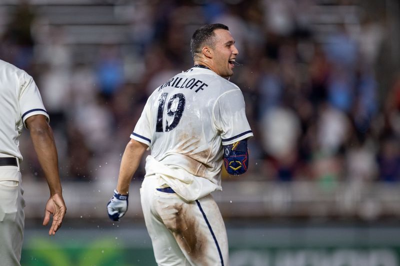 May 10, 2023; Minneapolis, Minnesota, USA; Minnesota Twins first baseman Alex Kirilloff (19) celebrates after hitting a walk off RBI single in the eleventh inning against the San Diego Padres at Target Field. Mandatory Credit: Jesse Johnson-USA TODAY Sports