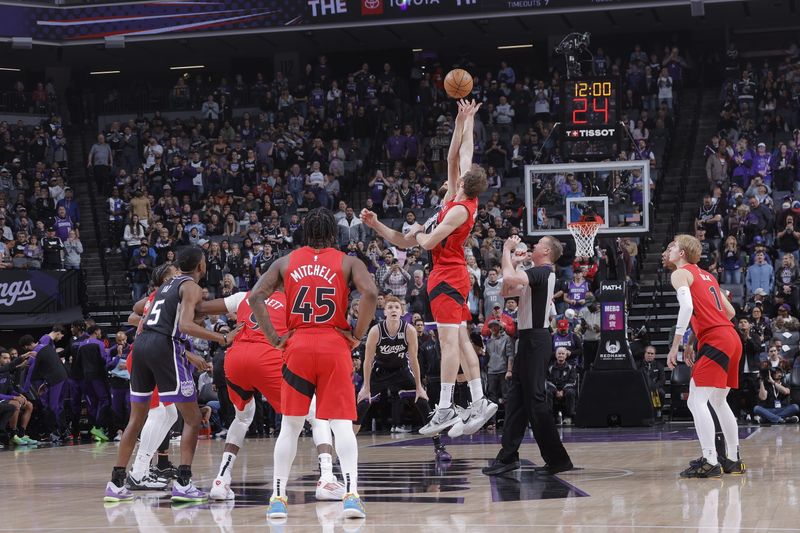 SACRAMENTO, CA - NOVEMBER 6: Tip off during the game between the Toronto Raptors and the Sacramento Kings on November 6, 2024 at Golden 1 Center in Sacramento, California. NOTE TO USER: User expressly acknowledges and agrees that, by downloading and or using this Photograph, user is consenting to the terms and conditions of the Getty Images License Agreement. Mandatory Copyright Notice: Copyright 2024 NBAE (Photo by Rocky Widner/NBAE via Getty Images)