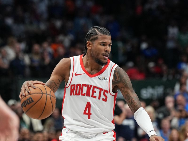 DALLAS, TX - OCTOBER 31: Jalen Green #4 of the Houston Rockets dribbles the ball during the game against the Dallas Mavericks on October 31, 2024 at American Airlines Center in Dallas, Texas. NOTE TO USER: User expressly acknowledges and agrees that, by downloading and or using this photograph, User is consenting to the terms and conditions of the Getty Images License Agreement. Mandatory Copyright Notice: Copyright 2024 NBAE (Photo by Glenn James/NBAE via Getty Images)